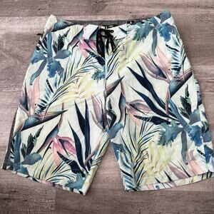 Hurley Phantom Board Shorts Mens 31 Blue Green Floral Drawstring Zip Pocket